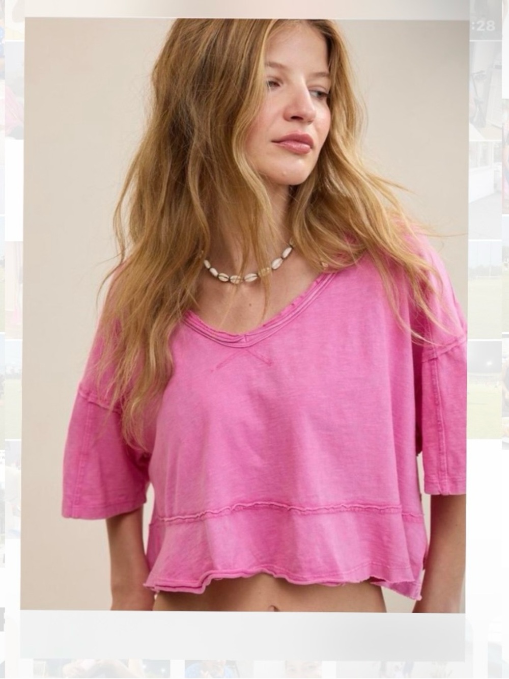 New Aerie Small Happiest Cropped V-Neck T-Shirt in a bright hot fuchsia pink
